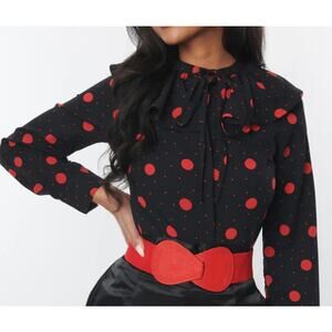 TIMELESS LONDON US 6 S Black Red Polka Dot 70s VTG Style Blouse Top NWT B158